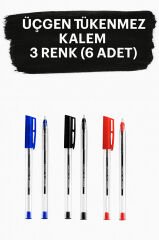 1.0 mm Üçgen Gövdeli Tükenmez Kalem Seti (Mavi, Siyah, Kırmızı) 6'lı Paket