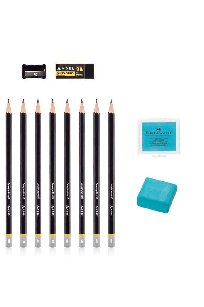Eskiz Kalem (HB, B, 2B, 3B, 4B, 5B, 6B, 8B) ve Turkuaz Hamur Silgi