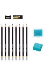 Eskiz Kalem (HB, B, 2B, 3B, 4B, 5B, 6B, 8B) ve Turkuaz Hamur Silgi