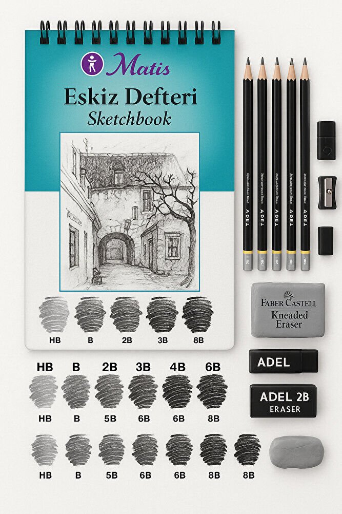 Eskiz Seti 1 ((HB-8B)+Defter Seti (A5 90 gr)+Gri Hamur Silgi)