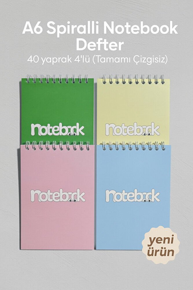 A6 Spiralli Notebook Defter 40 yaprak 4'lü (Tamamı Çizgisiz)