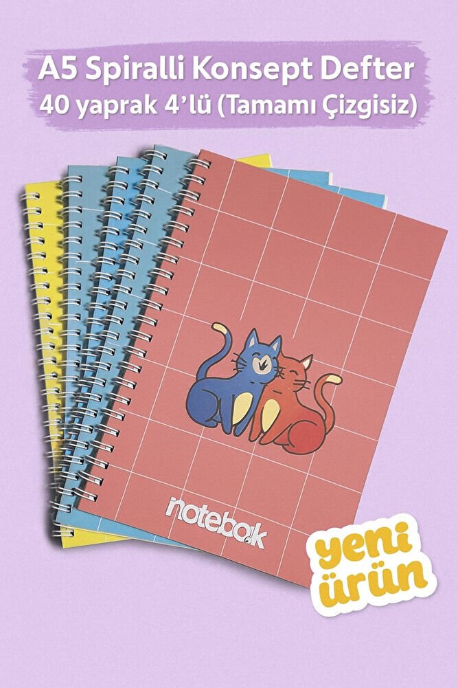 A5 Spiralli Konsept Defter 40 yaprak 4'lü (Tamamı Çizgisiz)