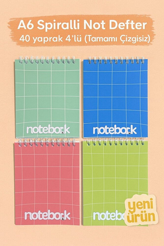 A6 Spiralli Not Defter 40 yaprak 4'lü (Tamamı Çizgisiz)