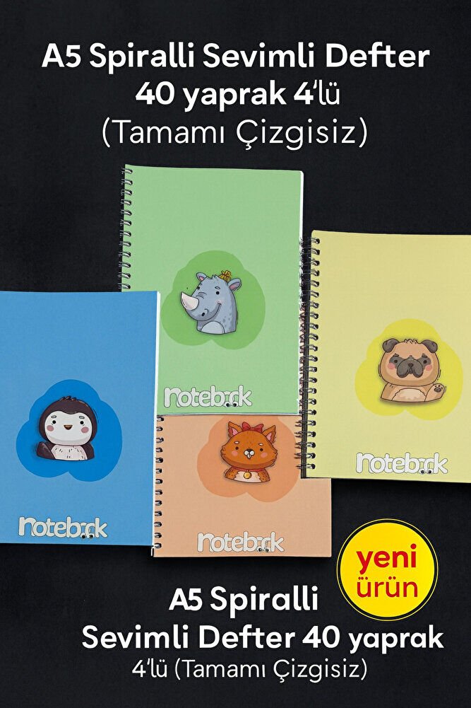 A5 Spiralli Sevimli Defter 40 yaprak 4'lü (Tamamı Çizgisiz)