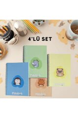 A5 Spiralli Sevimli Defter 40 yaprak 4'lü (Tamamı Çizgisiz)