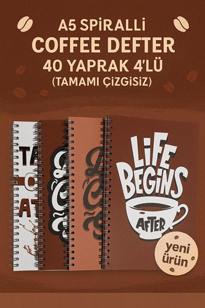 A5 Spiralli Coffee Defter 40 yaprak 4'lü (Tamamı Çizgisiz)