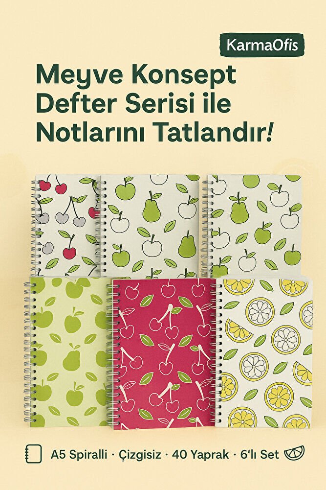 A5 Spiralli Meyve Konsept Defter 40 yaprak 6'lı (Tamamı Çizgisiz)