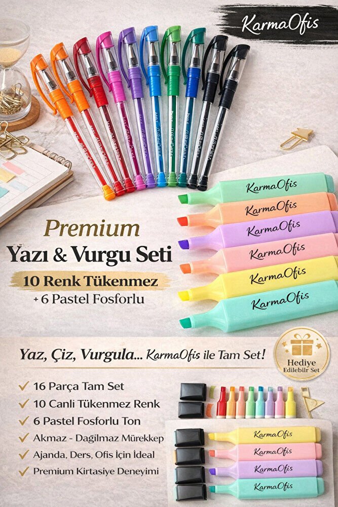 10 Renk Tükenmez Kalem+6 Pastel Fosforlu Kalem | Akmaz Dağılmaz | Ajanda, Ders & Ofis İçin 16’lı Set