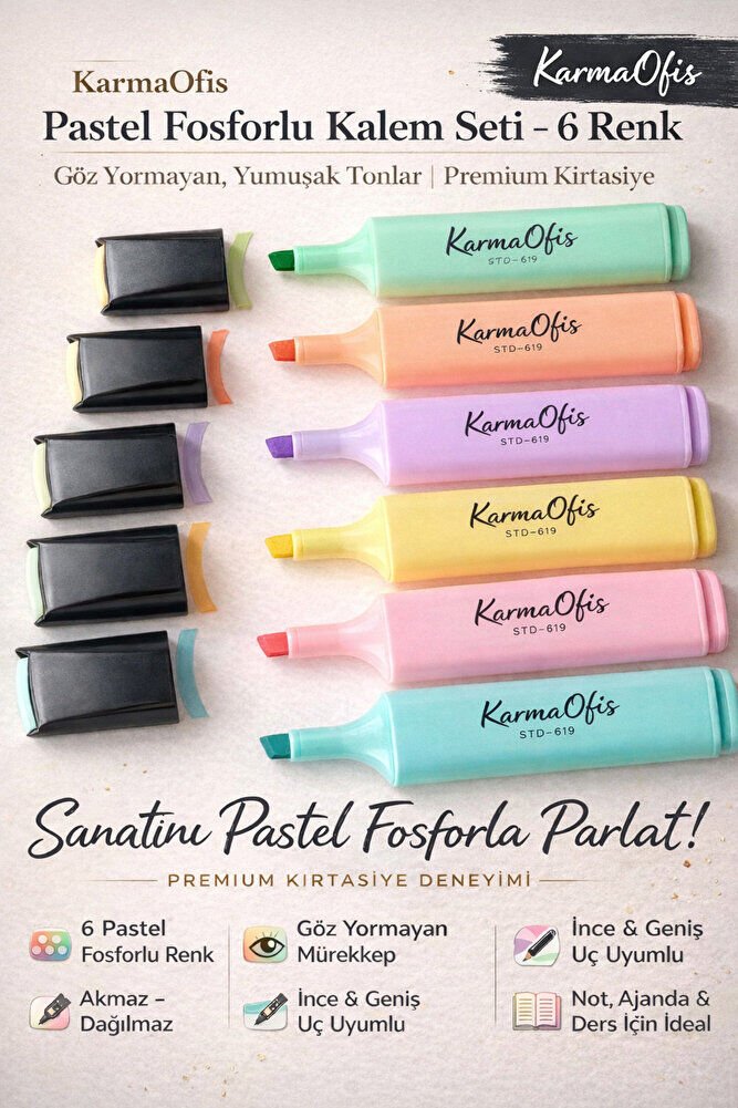 Pastel Fosforlu Kalem Seti 6 Renk | Göz Yormayan Mürekkep | Akmaz Dağılmaz