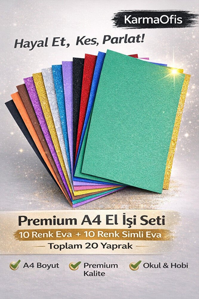 Premium A4 Eva El İşi Seti – 10 Renk Eva + 10 Renk Simli Eva