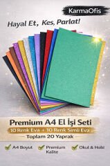 Premium A4 Eva El İşi Seti – 10 Renk Eva + 10 Renk Simli Eva