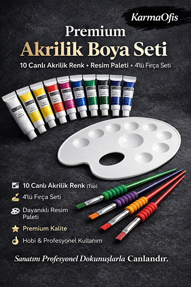 Premium Akrilik Boya Seti – 10 Canlı Akrilik Renk (Tüp) + Resim Paleti + 4’lü Fırça Seti