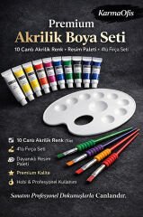 Premium Akrilik Boya Seti – 10 Canlı Akrilik Renk (Tüp) + Resim Paleti + 4’lü Fırça Seti