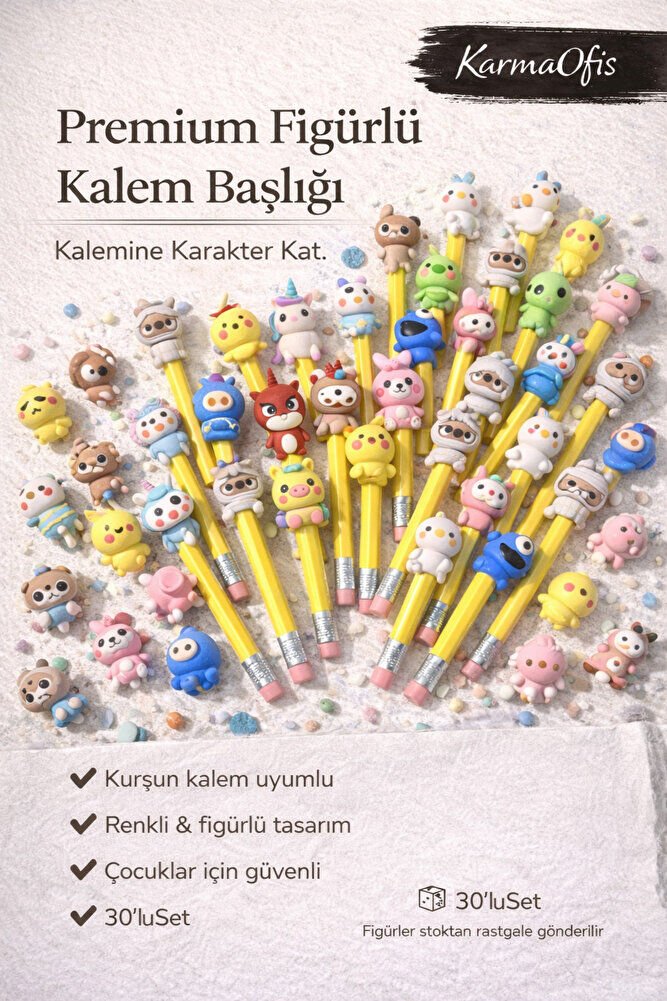 Premium Figürlü Kurşun Kalem Başlığı 30’lu Set – Renkli, Eğlenceli & Rastgele Figürlü