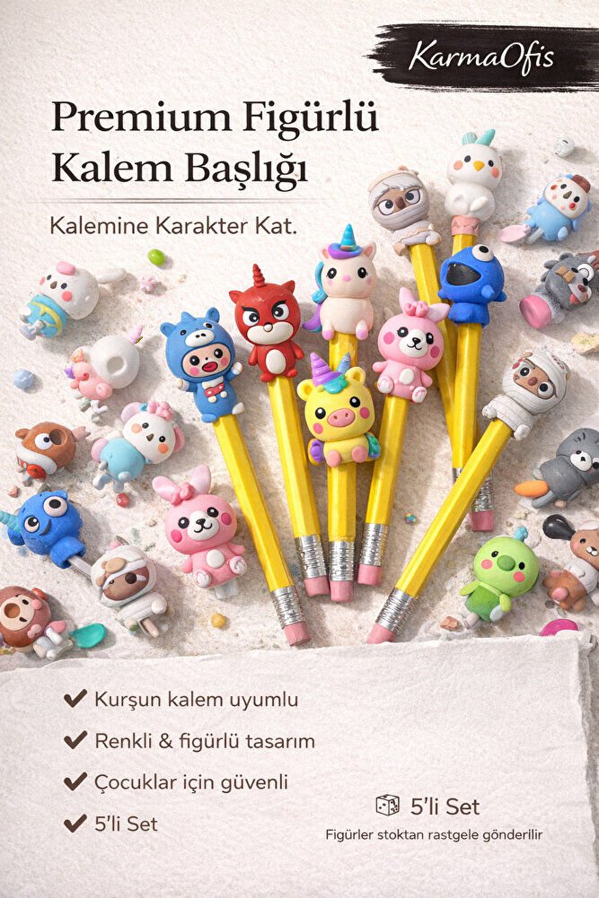 Premium Figürlü Kurşun Kalem Başlığı 5’li Set – Renkli, Eğlenceli & Rastgele Figürlü