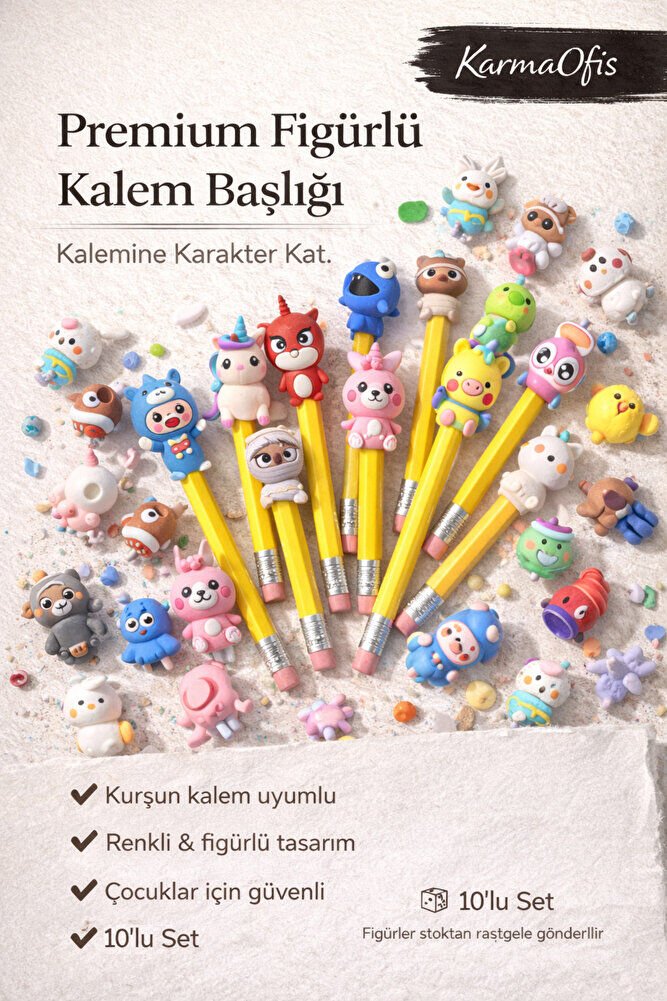 Premium Figürlü Kurşun Kalem Başlığı 10’lu Set – Renkli, Eğlenceli & Rastgele Figürlü
