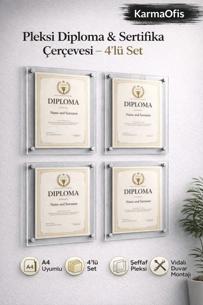 Pleksi Diploma Sertifika Çerçevesi A4 Uyumlu Duvar Tipi Vidalı Montaj 4’lü Set