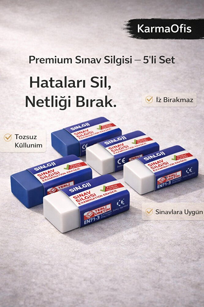 Premium Sınav Silgisi 5’li Set – Tozsuz, İz Bırakmayan, CE Belgeli