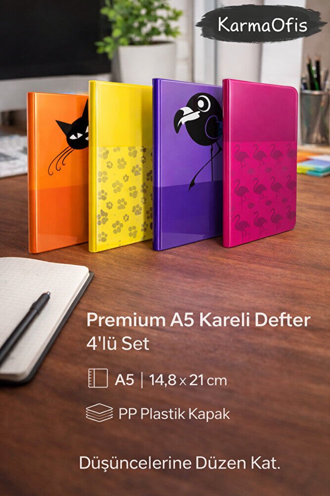 Premium A5 Kareli Defter 4’lü Set | PP Plastik Kapak, Dayanıklı ve Şık Tasarım