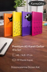 Premium A5 Kareli Defter 4’lü Set | PP Plastik Kapak, Dayanıklı ve Şık Tasarım