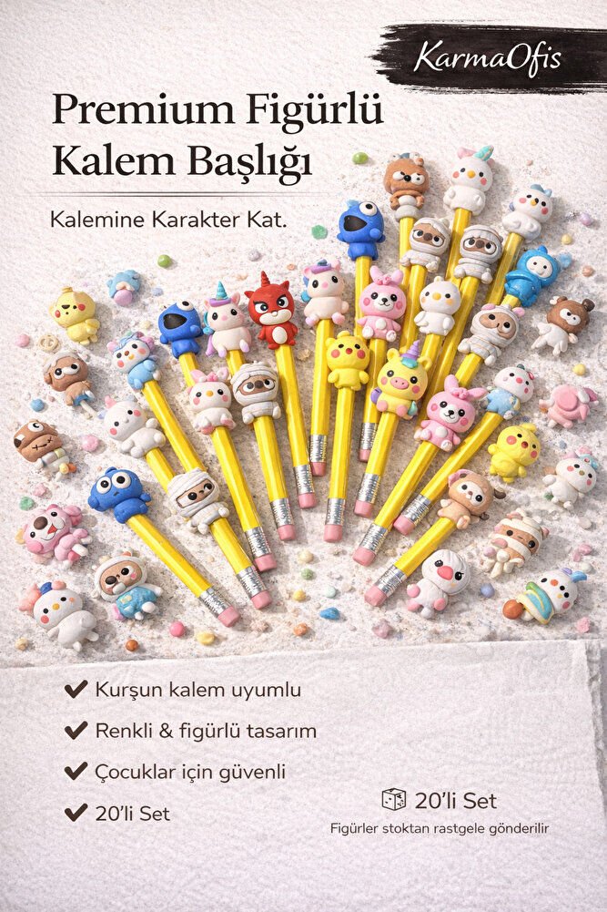 Premium Figürlü Kurşun Kalem Başlığı 5’li Set – Renkli, Eğlenceli & Rastgele Figürlü Çok Renkli - Tek Ebat