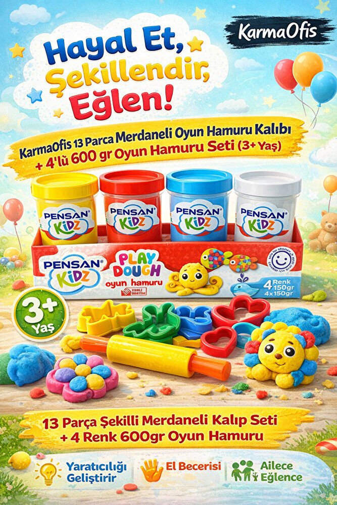 13 Parça Merdaneli Oyun Hamuru Kalıbı+4’lü 600gr Oyun Hamuru (3+Yaş)