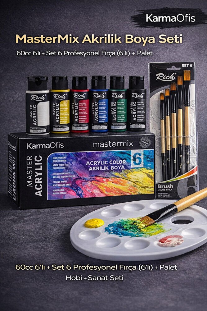 MasterMix Akrilik Boya Seti 60cc 6’lı + Set 6 Profesyonel Fırça (6’lı) + Palet | Hobi & Sanat Seti