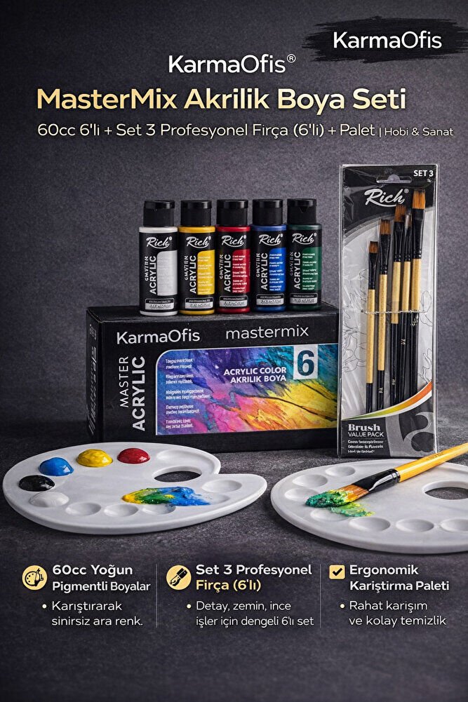 MasterMix Akrilik Boya Seti 60cc 6’lı + Set 3 Profesyonel Fırça (6’lı) + Palet | Hobi & Sanat Seti