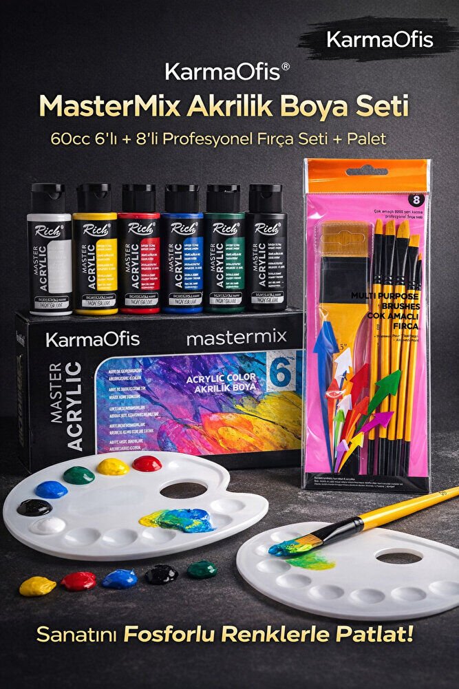 MasterMix Akrilik Boya Seti 60cc 6’lı 8’li Profesyonel Fırça Seti + Palet | Hobi & Sanat Seti