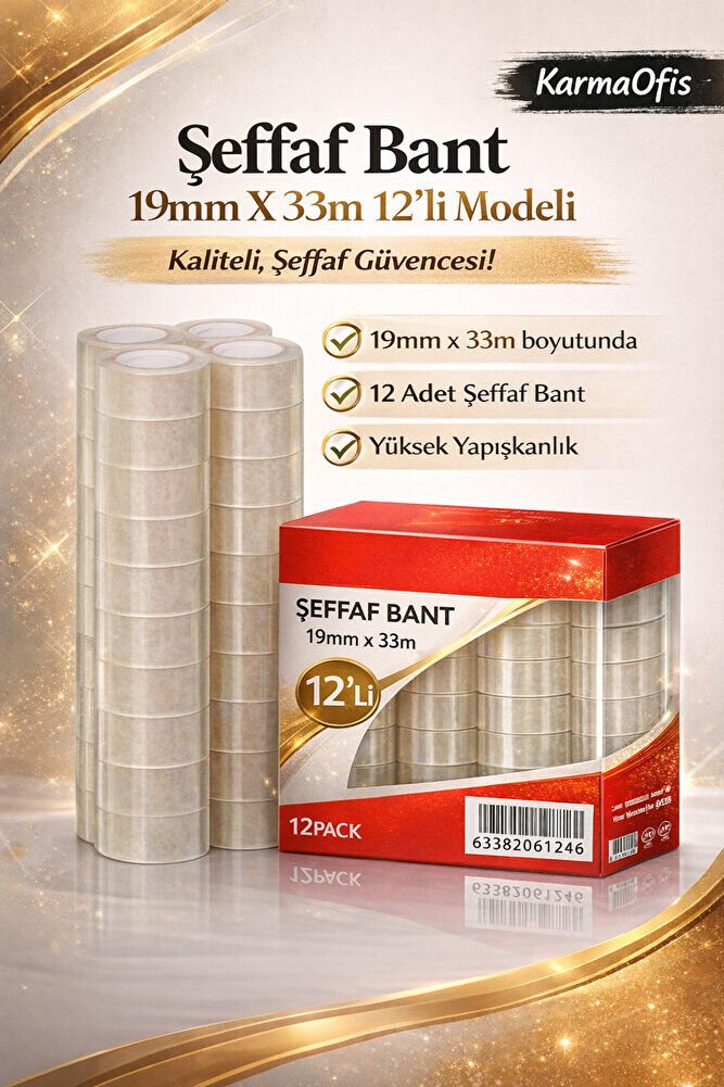 Şeffaf Bant 19mm x 33m – 12’li Paket | Güçlü Yapışkanlı, Yüksek Şeffaflık, Ofis & Kırtasiye Bandı