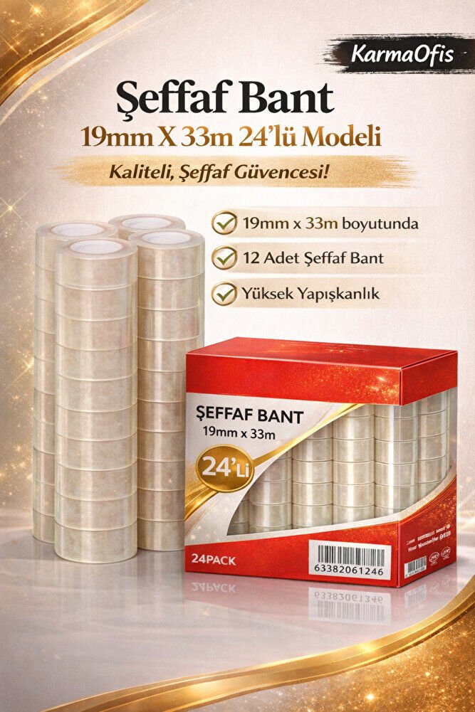 Şeffaf Bant 19mm x 33m – 24’lü Paket | Güçlü Yapışkanlı, Yüksek Şeffaflık, Ofis & Kırtasiye Bandı