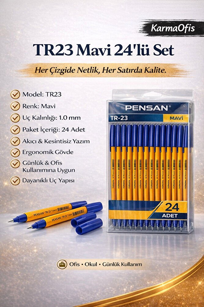 TR23 Mavi Tükenmez Kalem 24’lü Set | 1.0 mm Uç, Akıcı Yazım, Ofis & Okul Kullanımı