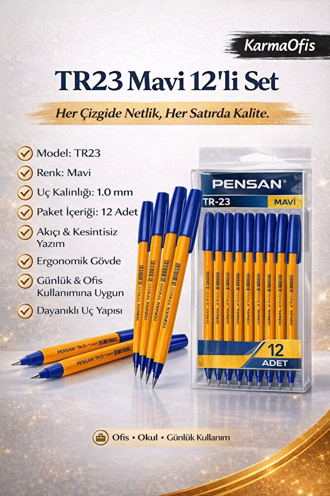 TR23 Mavi Tükenmez Kalem 12’li Set | 1.0 mm Uç, Akıcı Yazım, Ofis & Okul Kullanımı