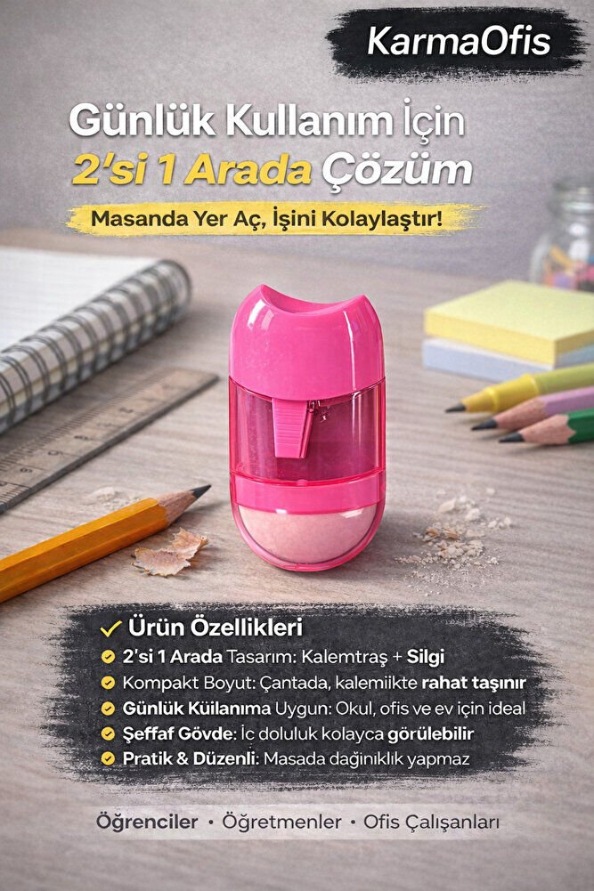 Pembe 2’si 1 Arada Kalemtraş ve Silgi | Kompakt Kalemtraş Silgili | Okul & Ofis Kullanımı