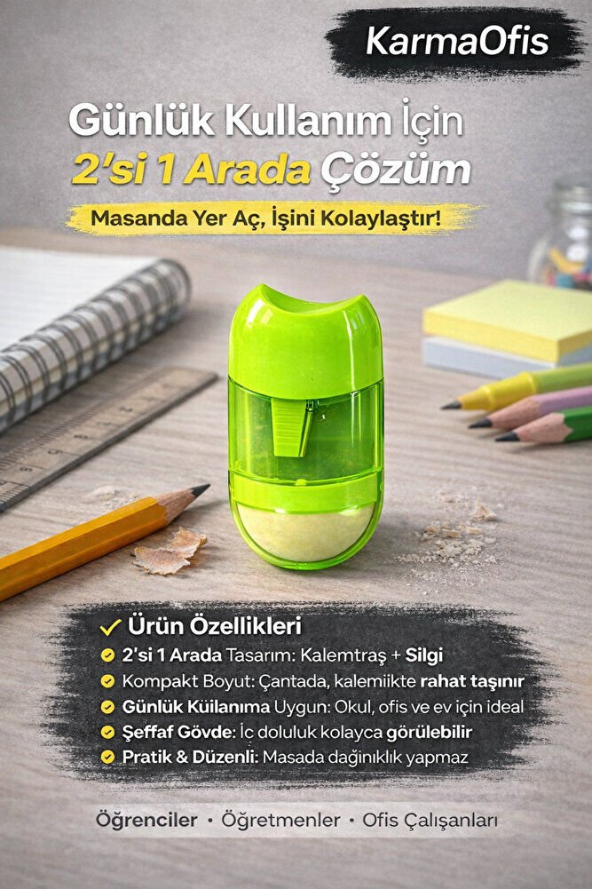 Yeşil 2’si 1 Arada Kalemtraş ve Silgi | Kompakt Kalemtraş Silgili | Okul & Ofis Kullanımı