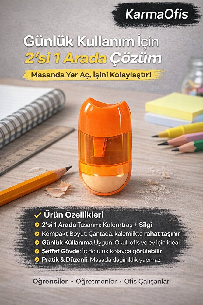 Turuncu 2’si 1 Arada Kalemtraş ve Silgi | Kompakt Kalemtraş Silgili | Okul&Ofis Kullanımı