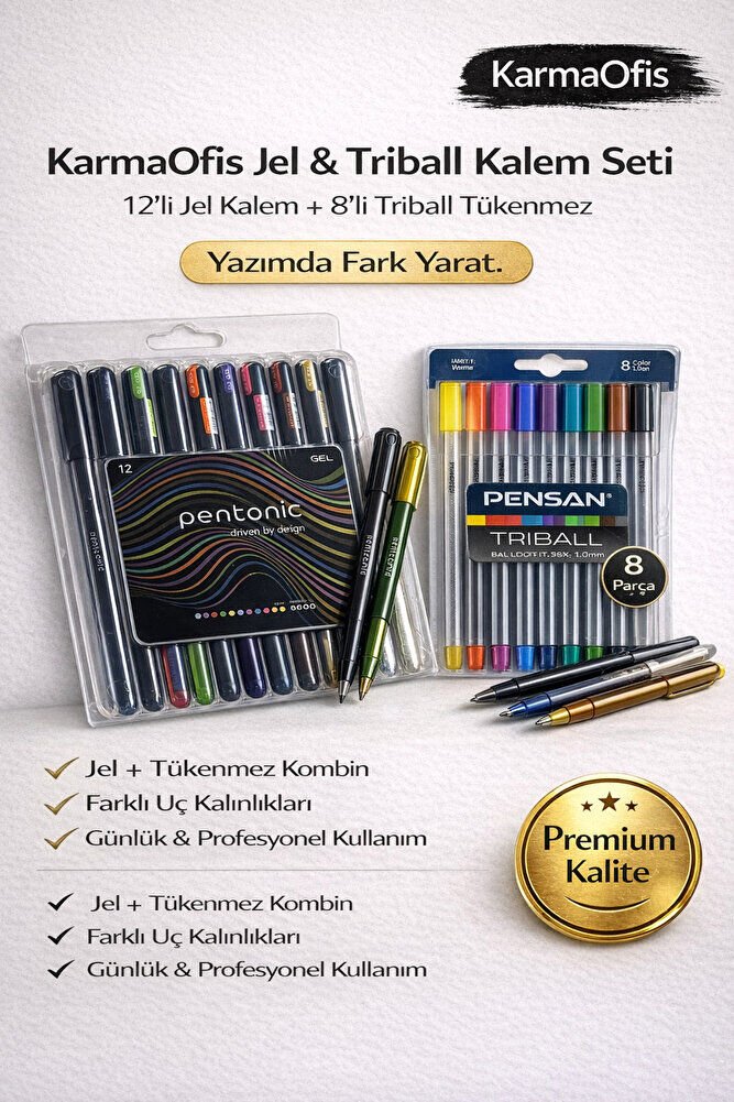 Jel & Triball Kalem Seti – 12’li Jel Kalem + 8’li Triball Tükenmez, Premium Yazım