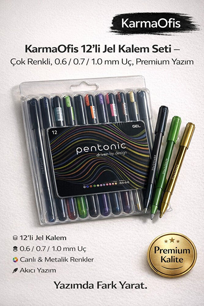 12’li Jel Kalem Seti – Çok Renkli, 0.6 / 0.7 / 1.0 mm Uç, Premium Yazım
