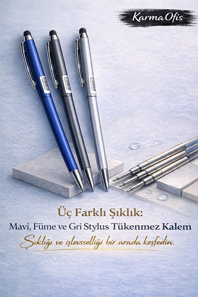 Stylus Tükenmez Kalem Seti | Mavi – Füme – Gri Gövde | Dokunmatik Uyumlu Premium Metal Kalem