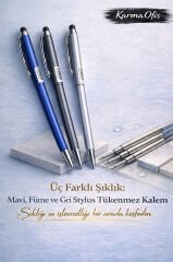 Stylus Tükenmez Kalem Seti | Mavi – Füme – Gri Gövde | Dokunmatik Uyumlu Premium Metal Kalem