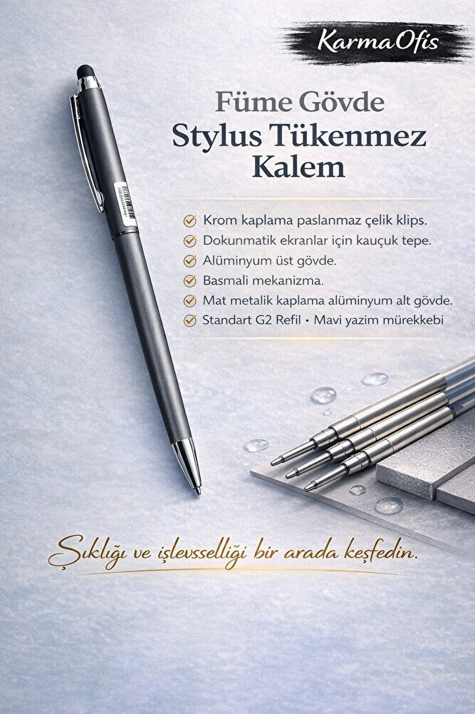 Stylus Tükenmez Kalem | Füme Gövde | Dokunmatik Uyumlu Premium Metal Kalem
