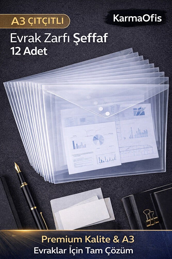A3 Çıtçıtlı Evrak Zarfı Şeffaf 12 Adet | Dayanıklı, Geniş Boy Dosya & Evrak Saklama Seti