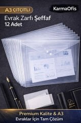 A3 Çıtçıtlı Evrak Zarfı Şeffaf 12 Adet | Dayanıklı, Geniş Boy Dosya & Evrak Saklama Seti