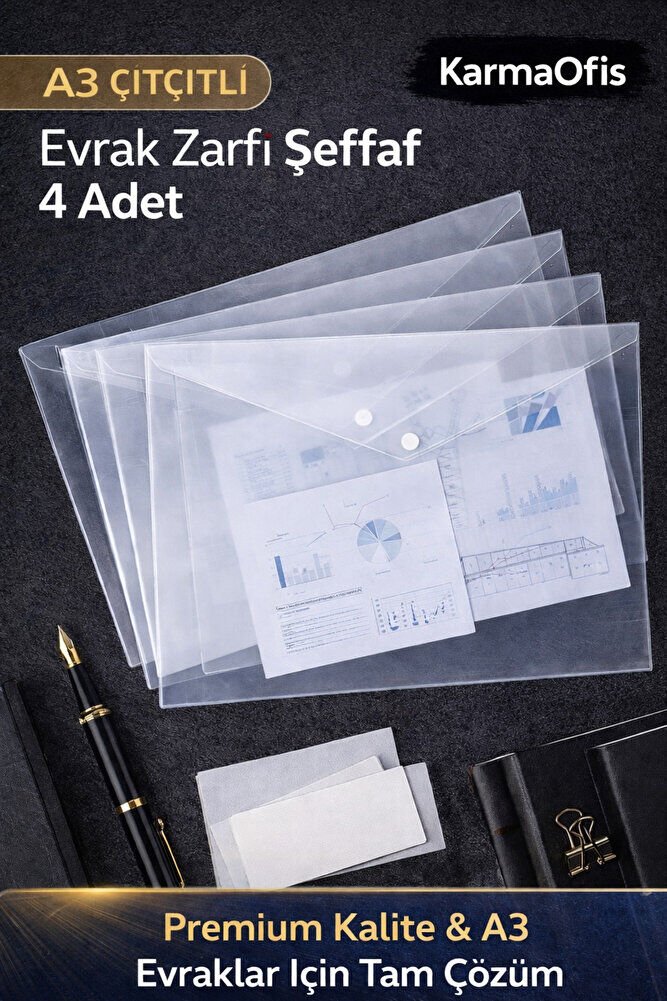 A3 Çıtçıtlı Evrak Zarfı Şeffaf 4 Adet | Dayanıklı, Geniş Boy Dosya & Evrak Saklama Seti
