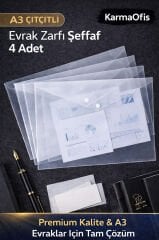 A3 Çıtçıtlı Evrak Zarfı Şeffaf 4 Adet | Dayanıklı, Geniş Boy Dosya & Evrak Saklama Seti