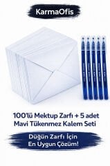 100’lü Düğün Zarfı Seti + 5 Adet Mavi Tükenmez Kalem | Düğün Zarfı Paketi