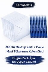 300’lü Düğün Zarfı Seti + 15 Adet Mavi Tükenmez Kalem | Toplu Düğün Zarfı Paketi
