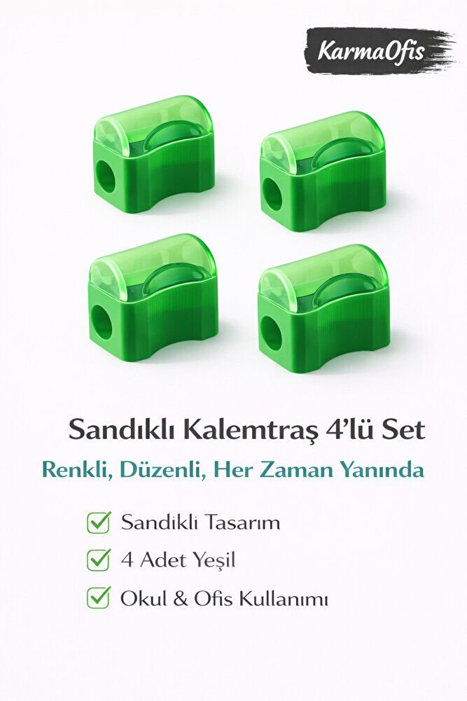 Sandıklı Kalemtraş Yeşil 4’lü Set | Renkli Kalemtraş | Dökülmez Tasarım | Okul & Ofis Kullanımı