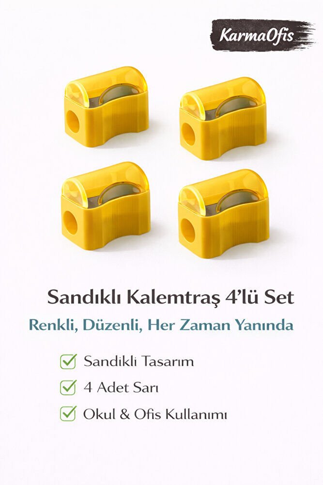 Sandıklı Kalemtraş Sarı 4’lü Set | Renkli Kalemtraş | Dökülmez Tasarım | Okul & Ofis Kullanımı
