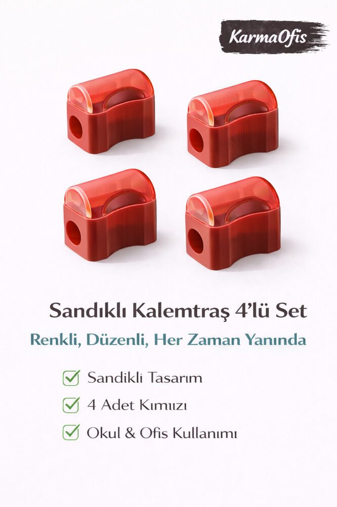Sandıklı Kalemtraş Kırmızı 4’lü Set | Renkli Kalemtraş | Dökülmez Tasarım | Okul & Ofis Kullanımı